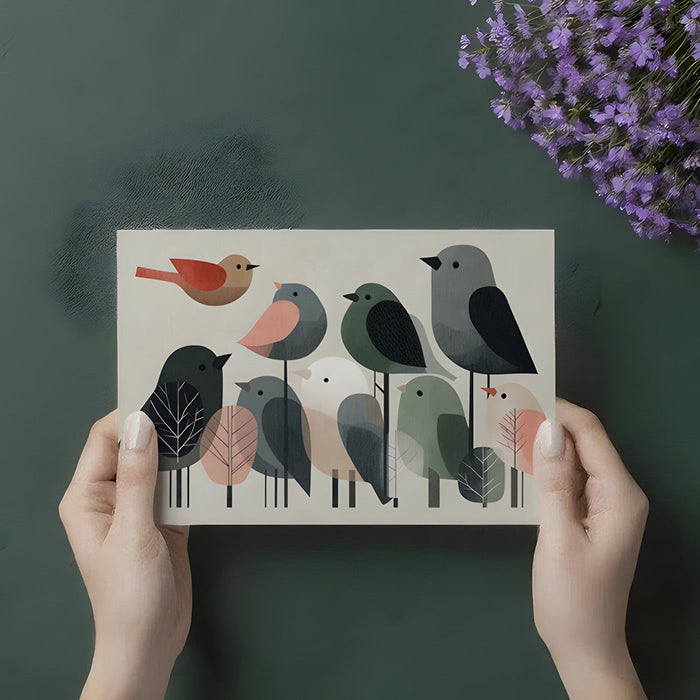 Whimsical bird wallpaper in a minimalist home office space