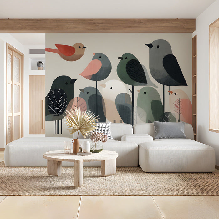 Bird flock mural installed in a cozy modern nursery with wooden furniture