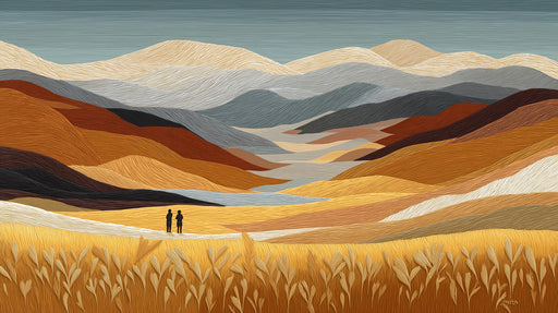 Textured landscape mural with rolling golden mountains, wheat fields, and two small human figures in silhouette.