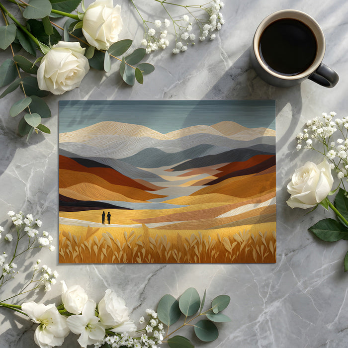 A home office workspace with a calming golden prairie mural, styled with a wooden desk and chair.
