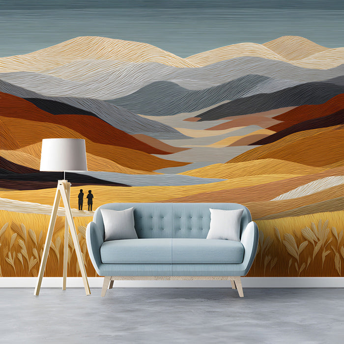 An entryway lounge area featuring a large-scale landscape wallpaper mural with brushstroke texture.