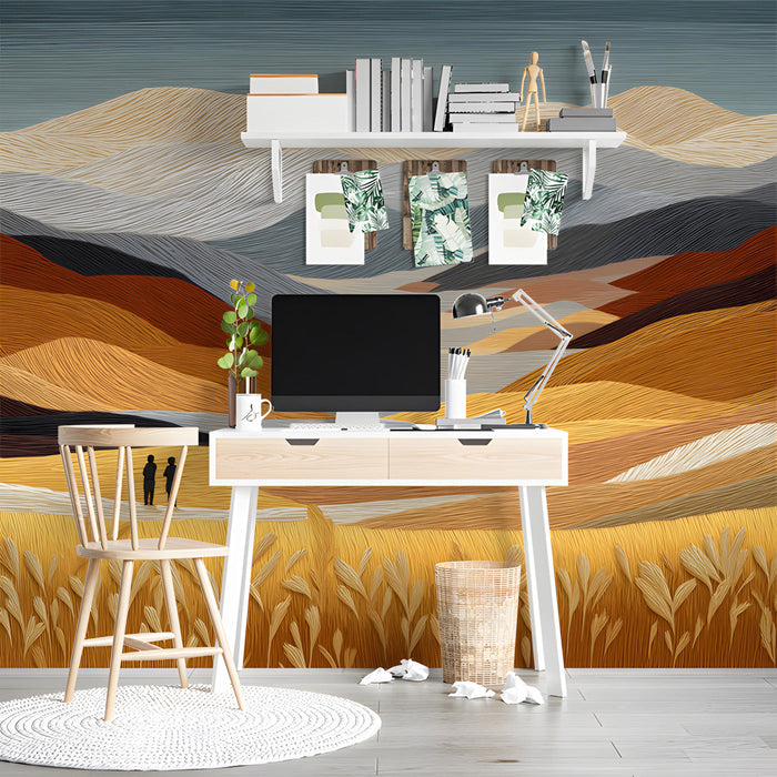 A cozy bedroom featuring a study wall mural with warm ochre and gray tones.