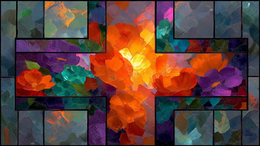 Abstract oil painting floral mural featuring orange flowers and deep violet stained glass framing.