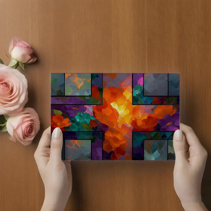 A creative home studio space with a bold stained glass style flower mural on the main wall.