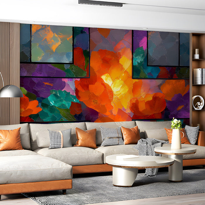 Living room with artistic floral wallpaper that adds energy and color to the eating area.