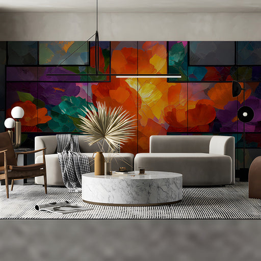 Living room interior with colorful floral mural acting as a vibrant accent wall behind a modern sofa.