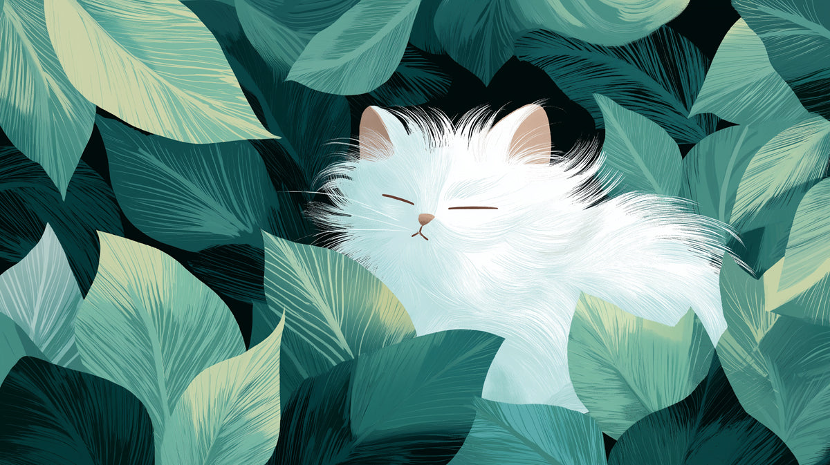 Digital illustration of a fluffy white cat sleeping inside a lush bed of dark green and sage tropical leaves