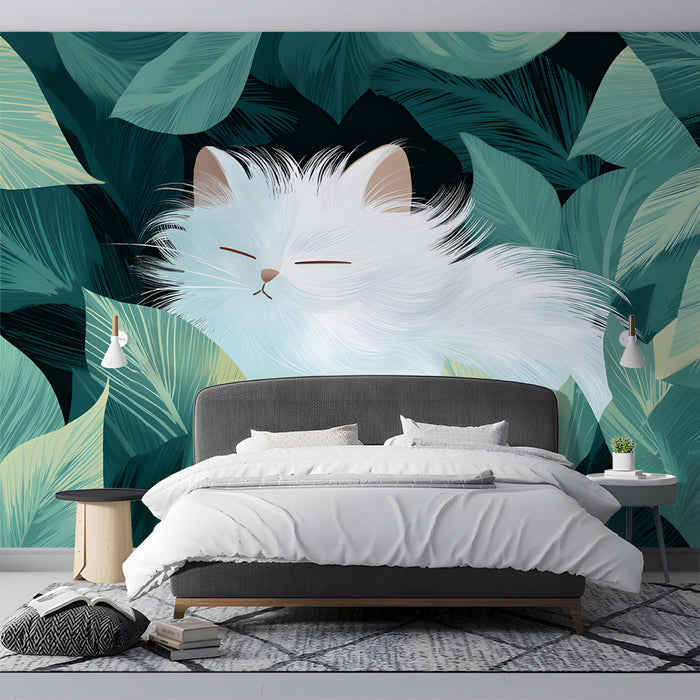 Cheerful bedroom with a playful white cat and green leaves mural on the primary accent wall