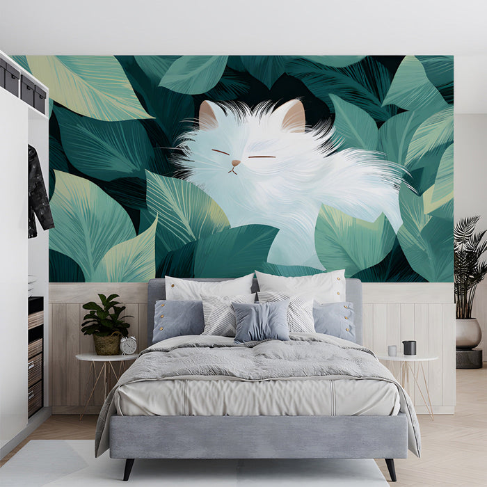 A cozy bedroom with a white cat leaf wallpaper feature wall behind a light oak wooden bed frame