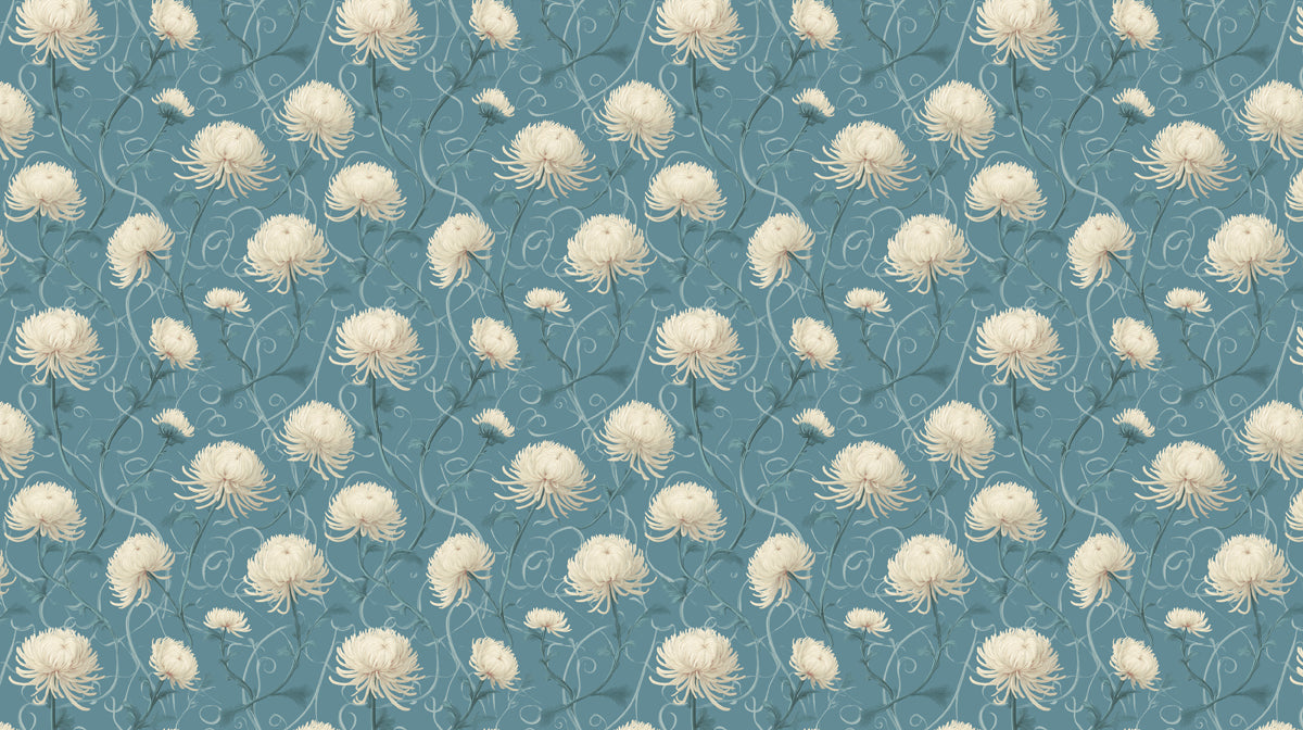 Floral wallpaper pattern featuring cream chrysanthemum flowers and swirling vines on a dusty blue background