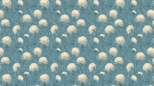 Floral wallpaper pattern featuring cream chrysanthemum flowers and swirling vines on a dusty blue background