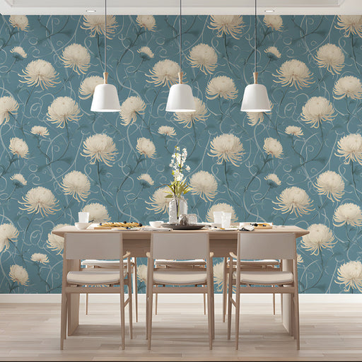 Sophisticated floral mural in a serene dining room with mid-century modern furniture