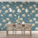 Sophisticated floral mural in a serene dining room with mid-century modern furniture