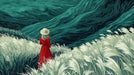 Artistic mural wallpaper featuring a woman in a red dress standing in a white grass field with dark teal rolling hills.