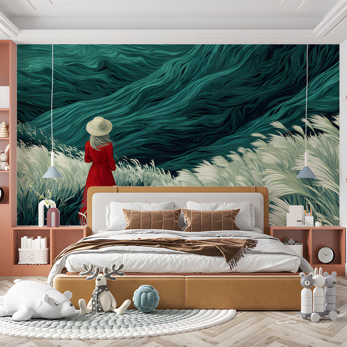Sophisticated bedroom wall mural featuring an illustrative landscape with a red focal point.