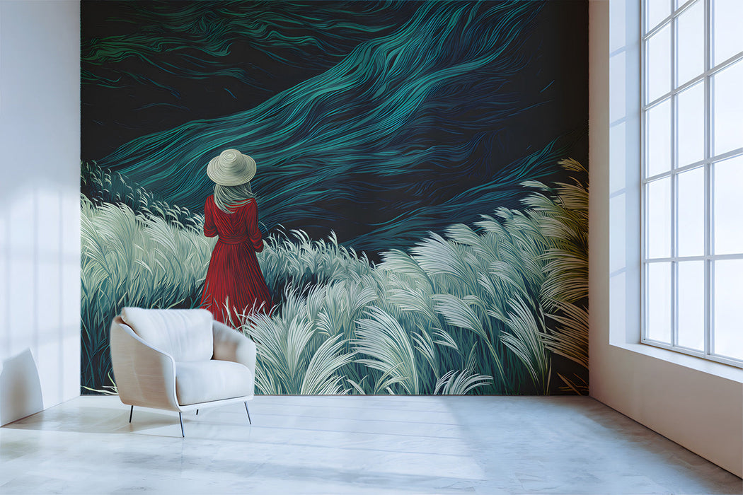 Moody study wall mural with a landscape scene featuring a woman in red and tall grass against teal hills.