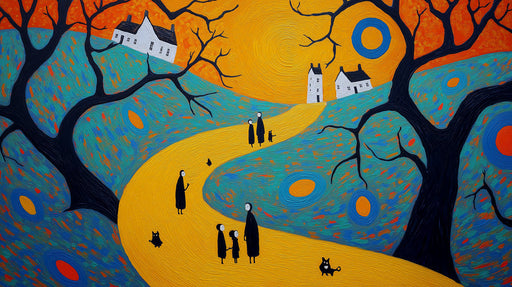 Textured impressionist mural wallpaper with a yellow road, charcoal trees, and white houses