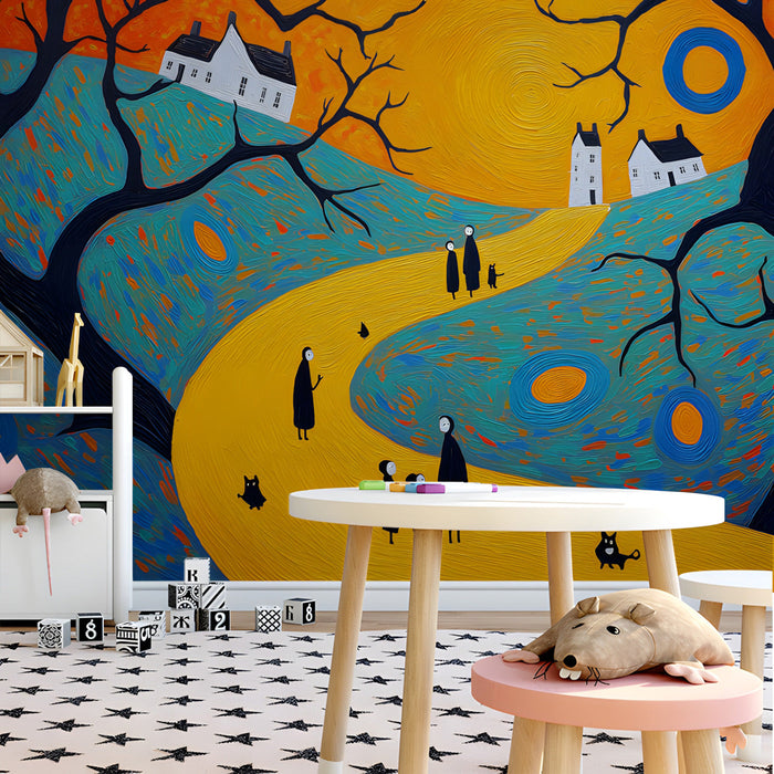 Bold narrative mural wallpaper featured in a colorful, modern nursery