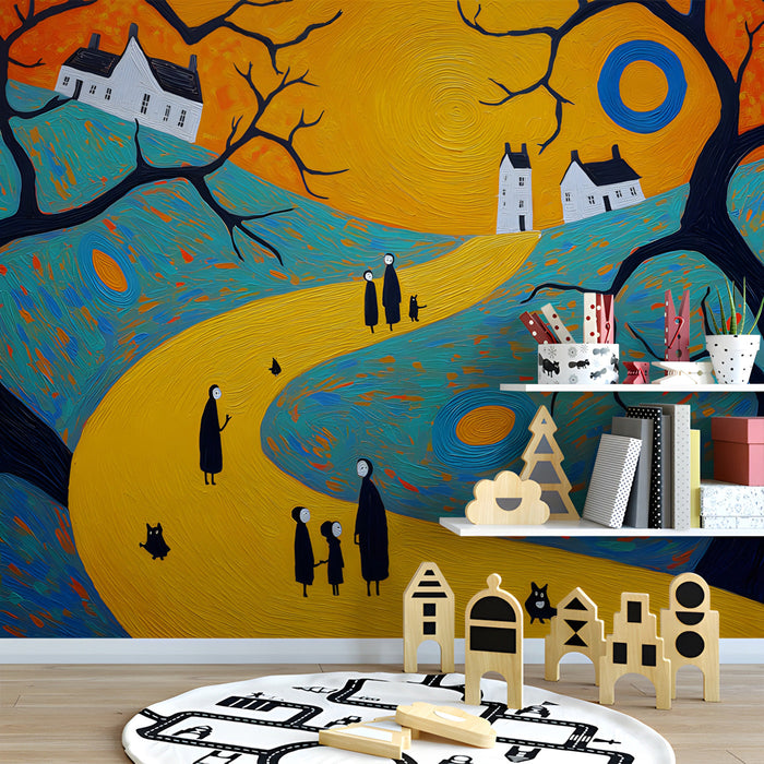 Whimsical folklore mural wallpaper installed in a cozy playroom with wooden furniture