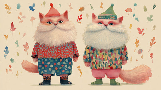 Two fluffy cats in hats and colorful patterned clothes on a cream watercolor background with floating leaf motifs.