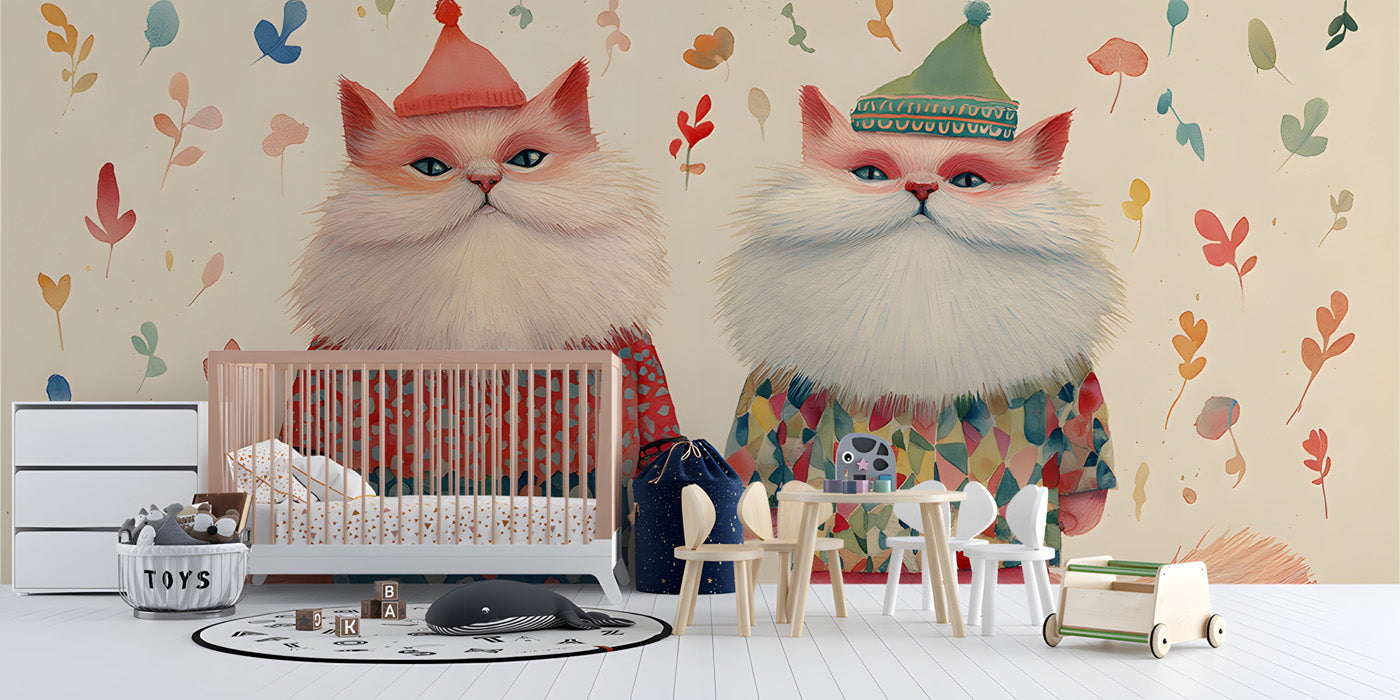 A cozy nursery featuring a cat character wall mural to create a friendly and imaginative space for children.