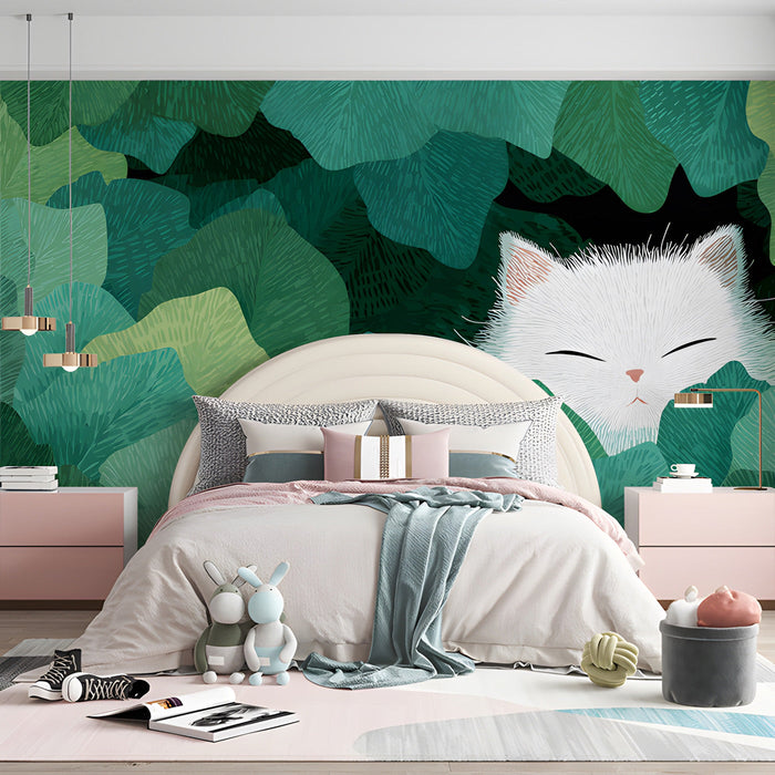 Playful bedroom wall mural showing a white cat hiding in green leaves near a white crib