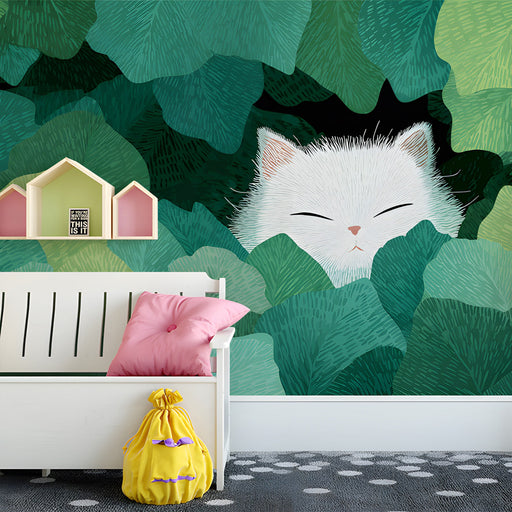 Whimsical cat mural installed behind a modern minimalist bed in a tranquil bedroom setting