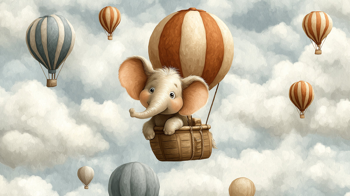 Whimsical illustration of a baby elephant in a hot air balloon floating among clouds with soft oil paint texture