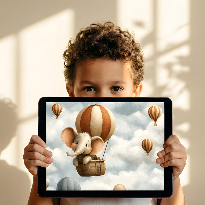 Playroom wall mural showing a cute elephant adventure scene in a soft, airy children's space
