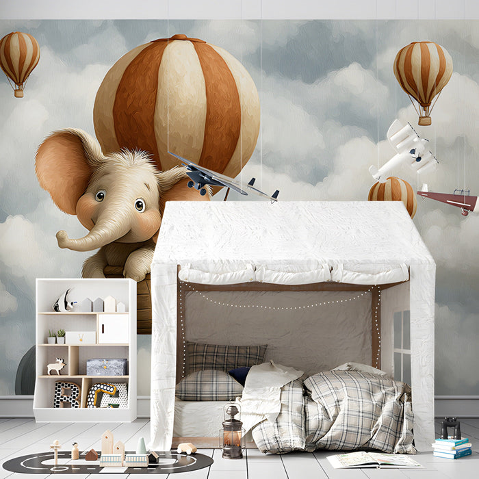 Bedroom wall decorated with a peaceful hot air balloon mural, ideal for a calming kid's environment