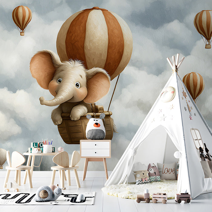 Nursery room featuring a floating elephant mural above a wooden crib with neutral bedding