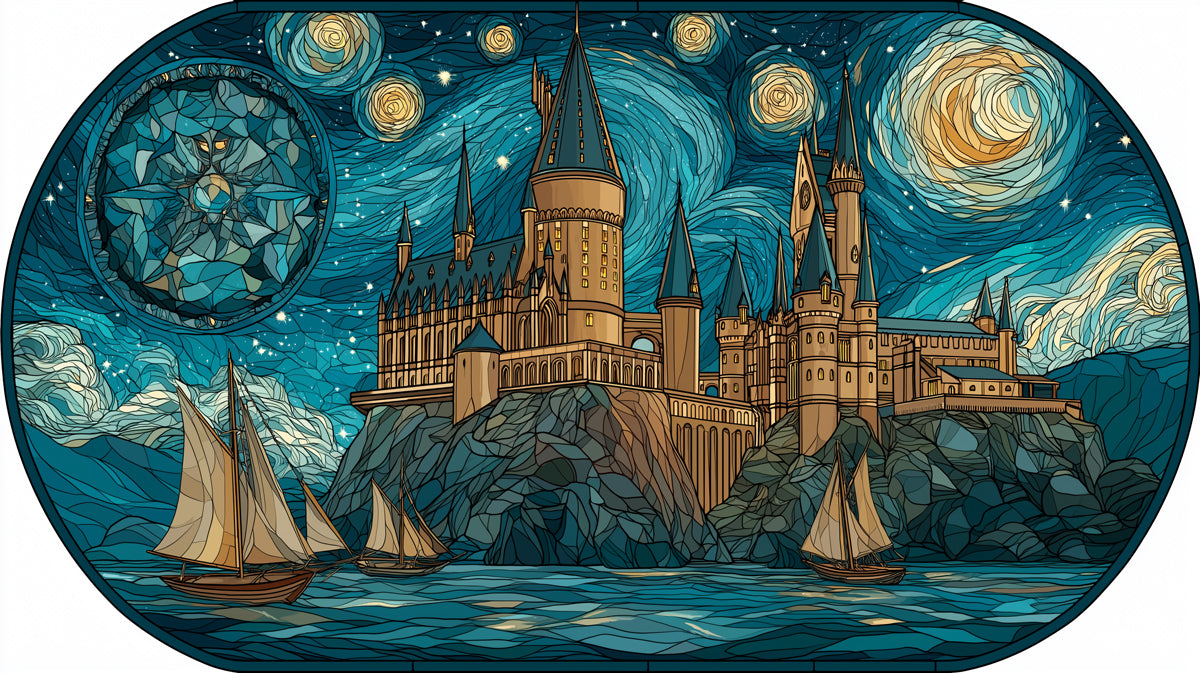 Stained glass style wallpaper pattern featuring a castle, ships, and a swirling starry night sky in shades of blue and gold