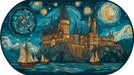 Stained glass style wallpaper pattern featuring a castle, ships, and a swirling starry night sky in shades of blue and gold