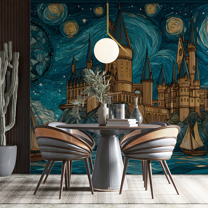 Detailed artistic castle wallpaper installed in a sophisticated home study or library
