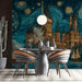 Detailed artistic castle wallpaper installed in a sophisticated home study or library