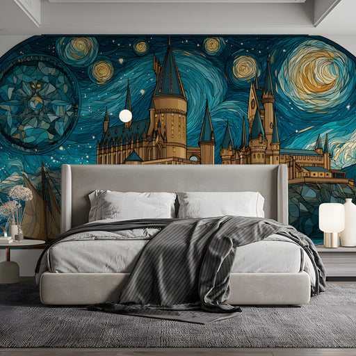 Stained glass fantasy castle mural installed behind a cozy velvet bed in a moody master bedroom