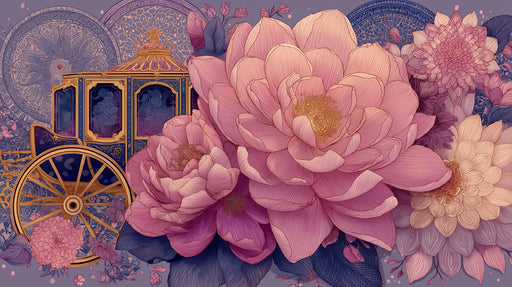 A floral mural featuring a navy royal carriage surrounded by large dusty rose and pink blossoms with fine line work.