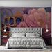 A whimsical bedroom design featuring a detailed carriage and flower illustration wall covering.