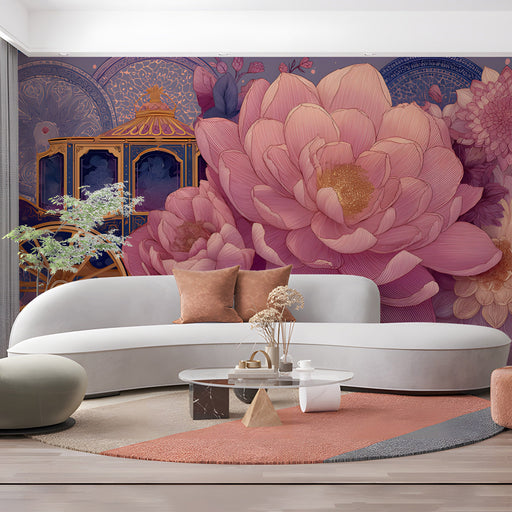 A romantic hallway featuring a royal carriage and floral mural behind a tufted velvet headboard.