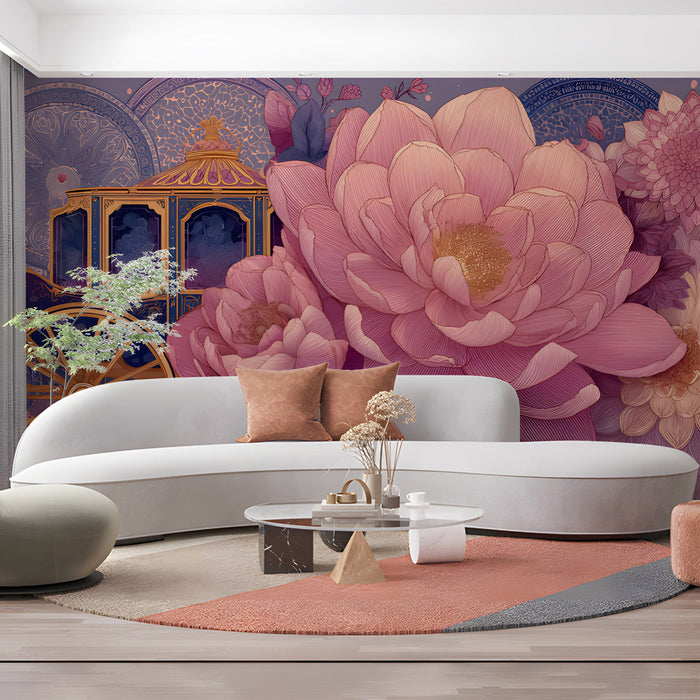 A romantic hallway featuring a royal carriage and floral mural behind a tufted velvet headboard.
