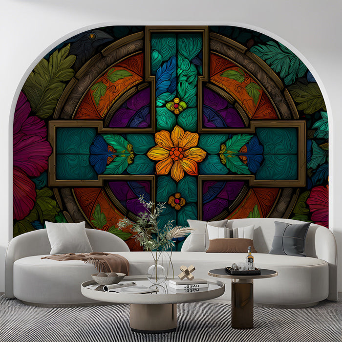 Detailed religious and botanical art mural in a quiet home library
