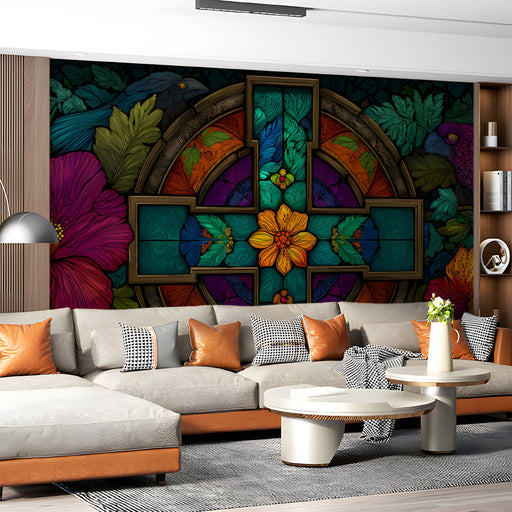 Stained glass mural installed as a focal wall in a sophisticated commercial space