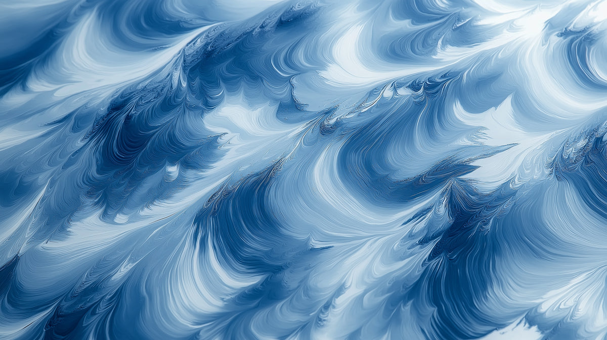 Abstract ocean waves mural with thick navy, cobalt, and white oil-painted brushstrokes.