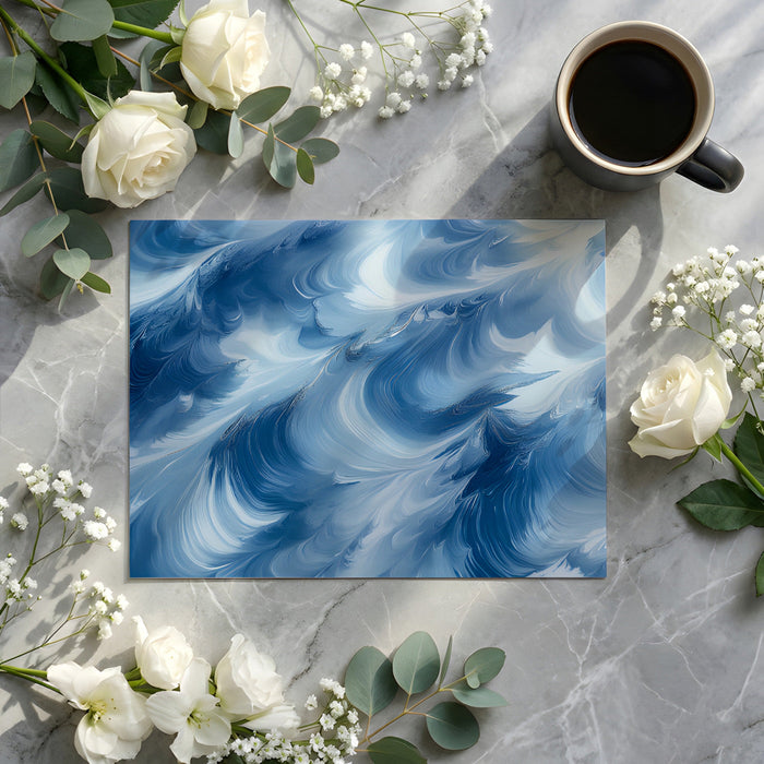 Modern home office with expressive blue wave pattern wallpaper and minimalist desk decor.