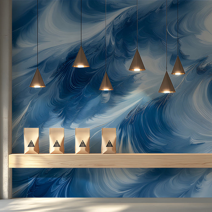 Serene shop interior with oceanic blue abstract wall mural behind a white bed frame.