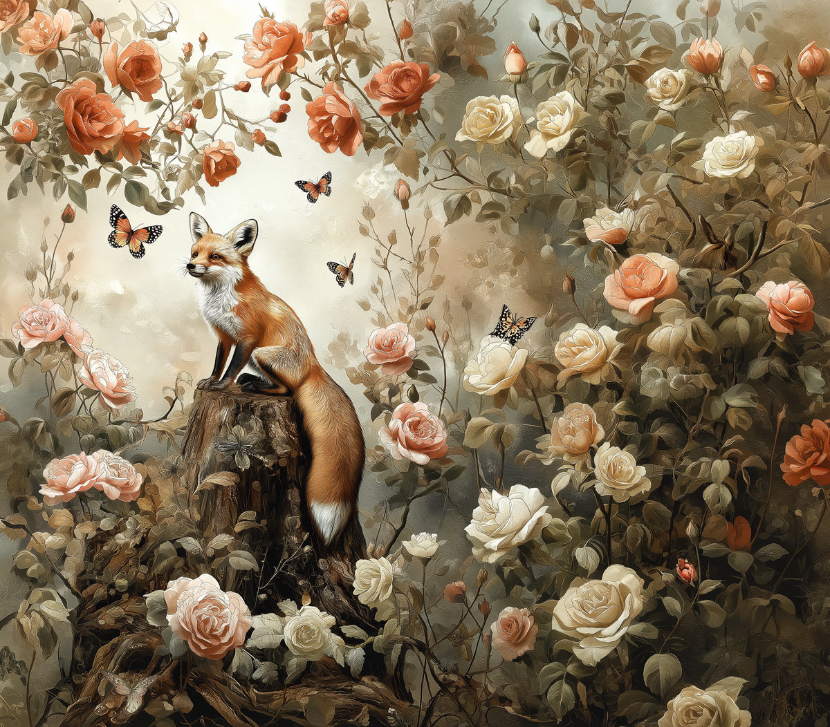 A painterly wallpaper mural of a fox sitting on a stump in a garden of peach and cream roses with monarch butterflies