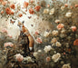 A painterly wallpaper mural of a fox sitting on a stump in a garden of peach and cream roses with monarch butterflies