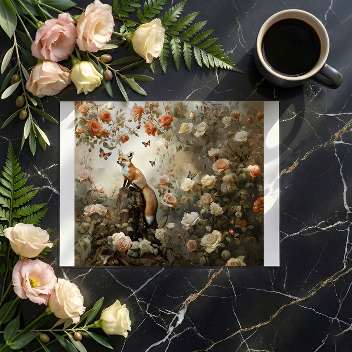 Nature inspired mural with roses and fox in a sunlit home office or reading nook