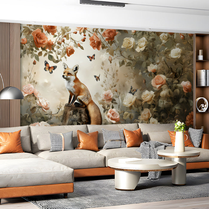 Whimsical fox and flower mural installed on a feature wall in a commercial space with light wooden furniture