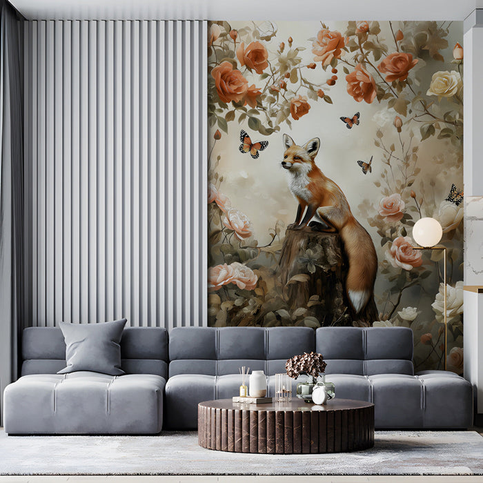 Floral garden wallpaper with fox illustration displayed in a calm, neutral bedroom setting